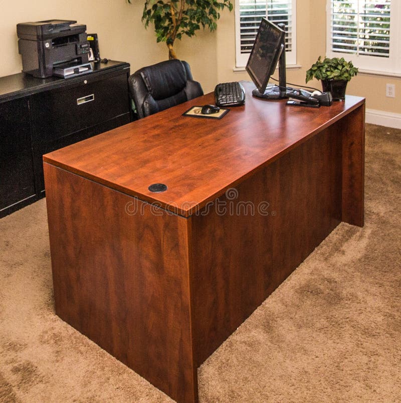 Cherry Office Desk With Computer Equipment Stock Photo Image Of