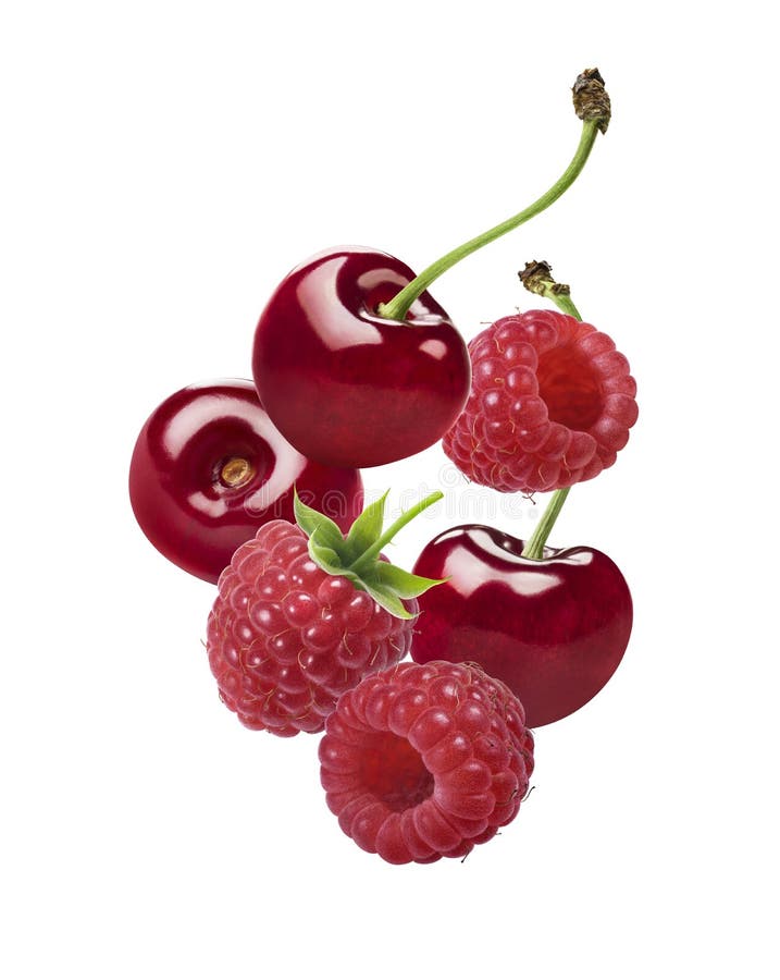 Cherry raspberry falling isolated on white background