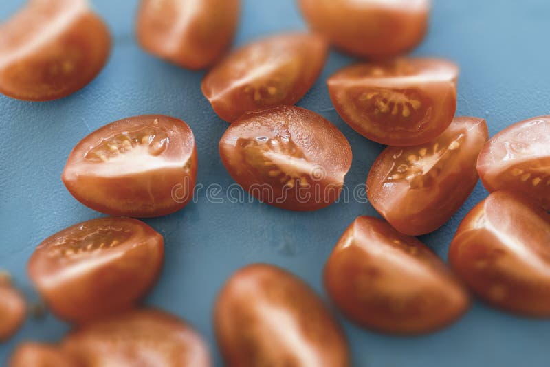 Cherry Tomatoes on Cutting Board Close Up royalty free stock photos Cherry Tomatoes on Cutting Board Close Up royalty free stock photos