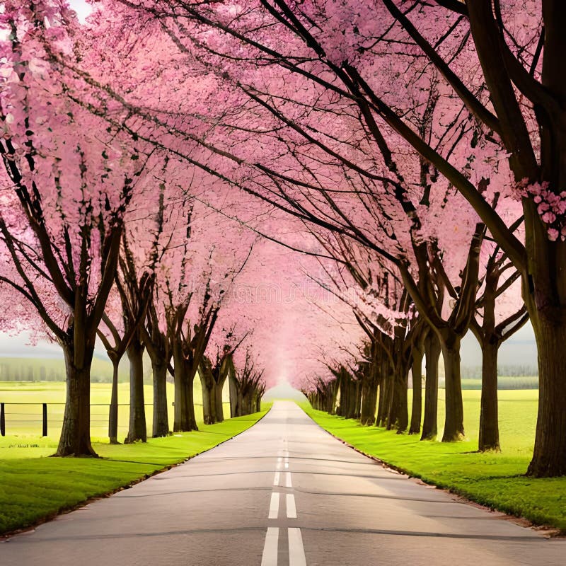Cherry Tree Bloom or Blossom on Both Sides of Road. Stock Illustration