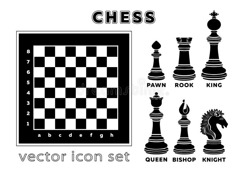 Chess and board icons set, chessmen banner, silhouette, flat black and white drawing. Piece pawn, king, queen, bishop, knight