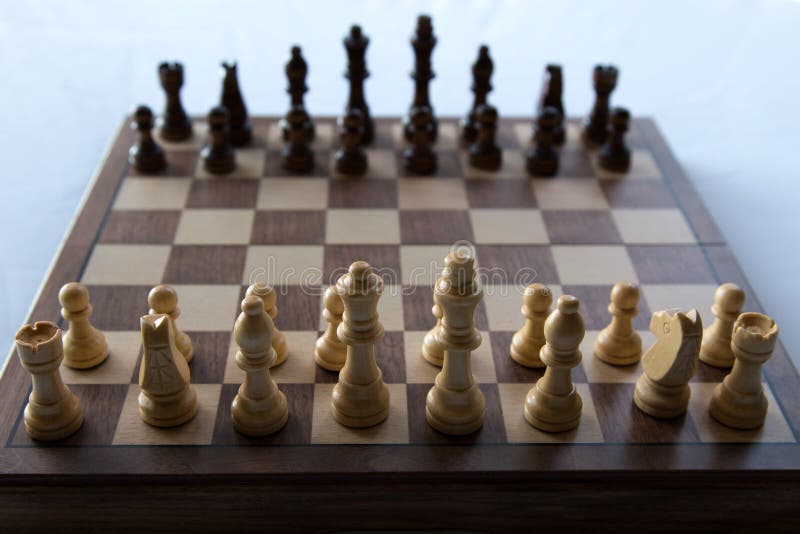 Overhead view of a chess board set up for a game Stock