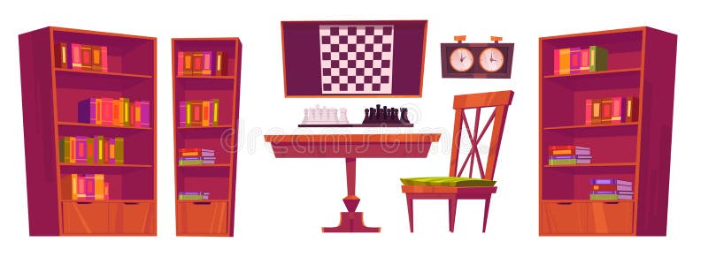 Chess club furniture with board, pieces and clock