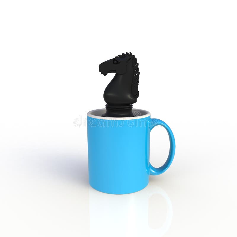 Chess Knight med blå kaffekopp isolerat på vit bakgrund Skapa mall för programdesign Utställningsutrustning royaltyfri illustrationer Chess Knight med blå kaffekopp isolerat på vit bakgrund Skapa mall för programdesign Utställningsutrustning royaltyfri illustrationer