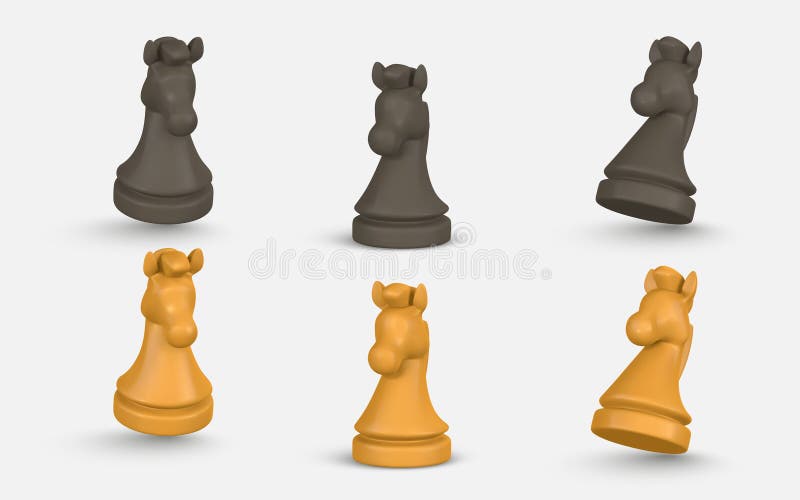 Chess Knight Piece 3D Render In Multiple Angles, Featuring Brown And Orange Plastic Design With Minimal Shadows. Perfect For Games stock illustration