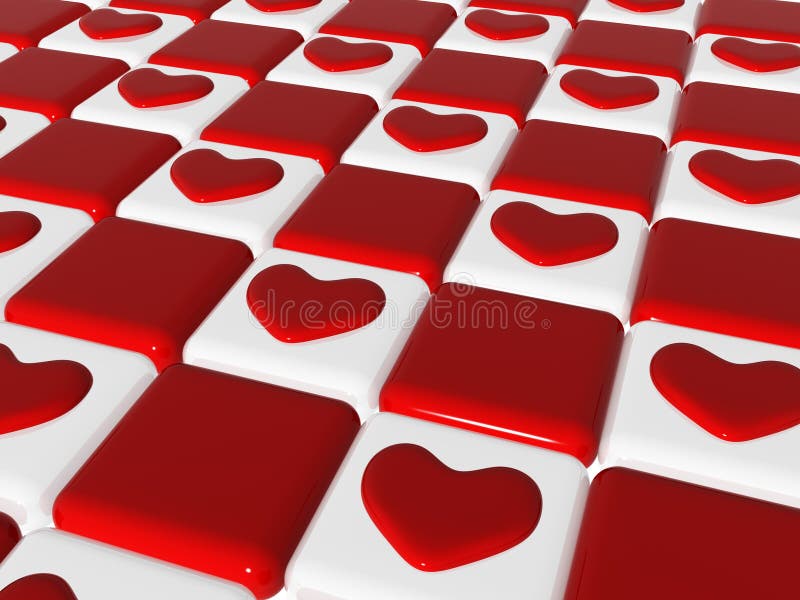 Chess love 2, 3d red hearts over chess-board