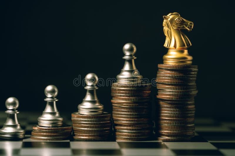 Chess piece at coins money stack step. Business Company Team Leader making growing up wealth income or success boss concept stock photos Chess piece at coins money stack step. Business Company Team Leader making growing up wealth income or success boss concept stock photos