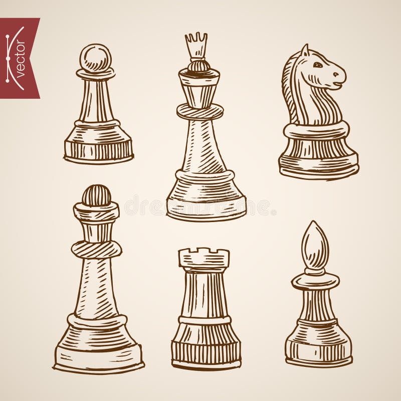 Single one line drawing chess pieces aligned, luxury hand drawn or  engraving. King, Queen, Bishop, Knight, Rook, Pawn. Leader success concept.  Continuous line draw design graphic vector illustration Stock Vector