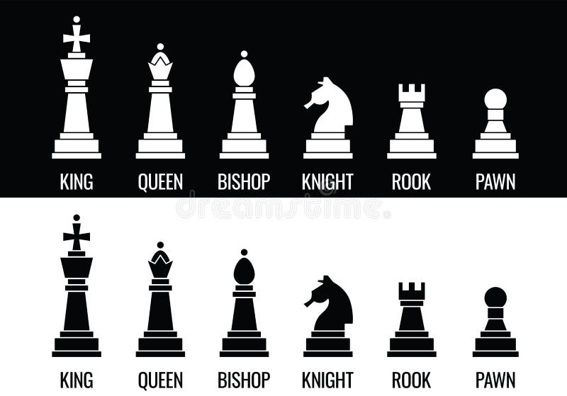 Chess and board icons set, chessmen banner, silhouette, flat black and  white drawing. Piece pawn, king, queen, bishop, knight, rook, with figure  names isolated on white background. Vector illustration - Stock Image 