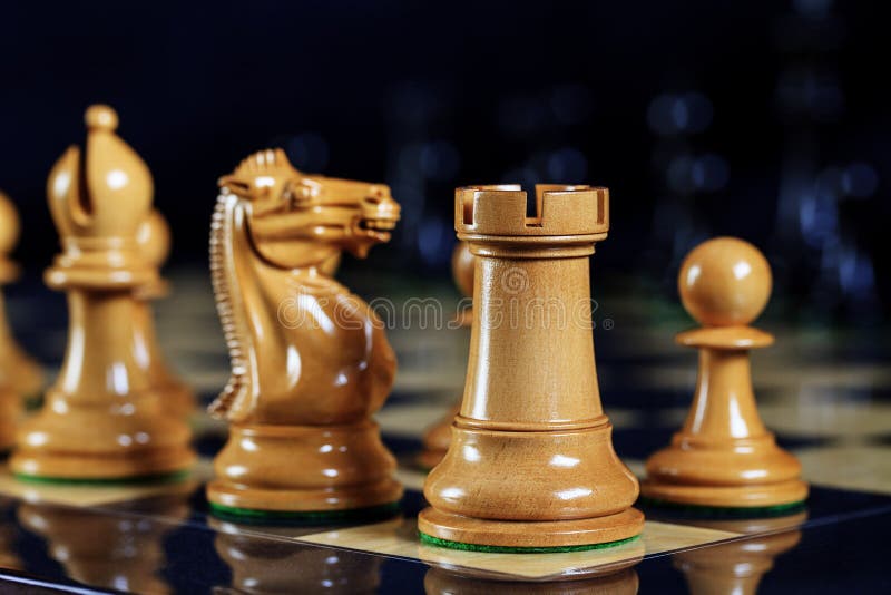 Chess Pieces Rook, Knight, Bishop and Pawn on Chess Board