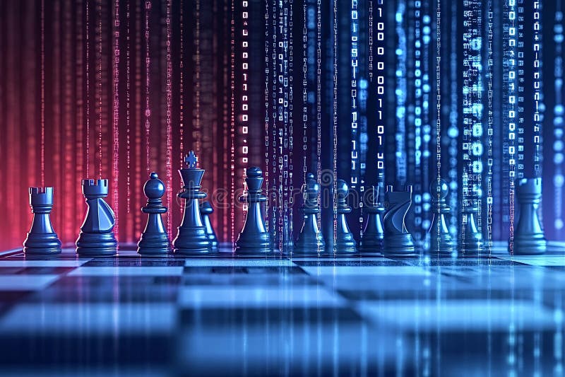Chess pieces standing on chessboard with binary rain in background royalty free stock image