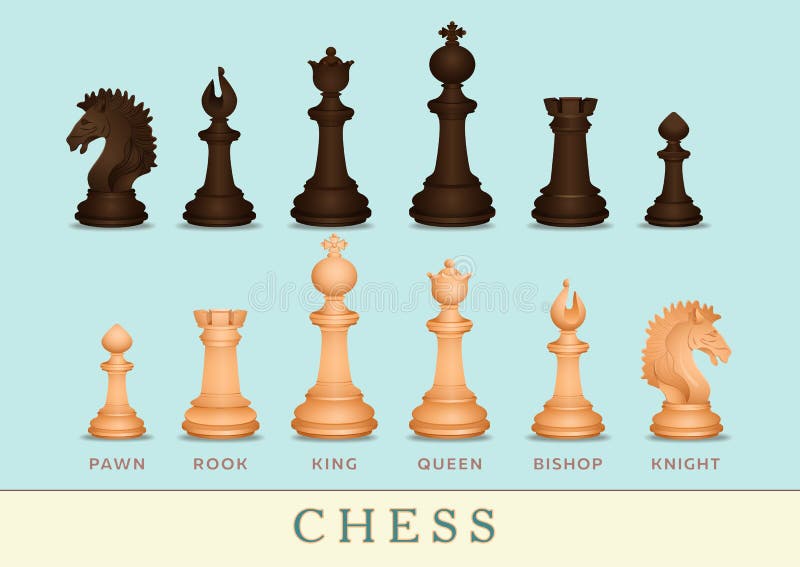 Chess set, chessmen banner, poster, realistic drawing. Black and white piece pawn, king, queen, bishop, knight, rook, with signed