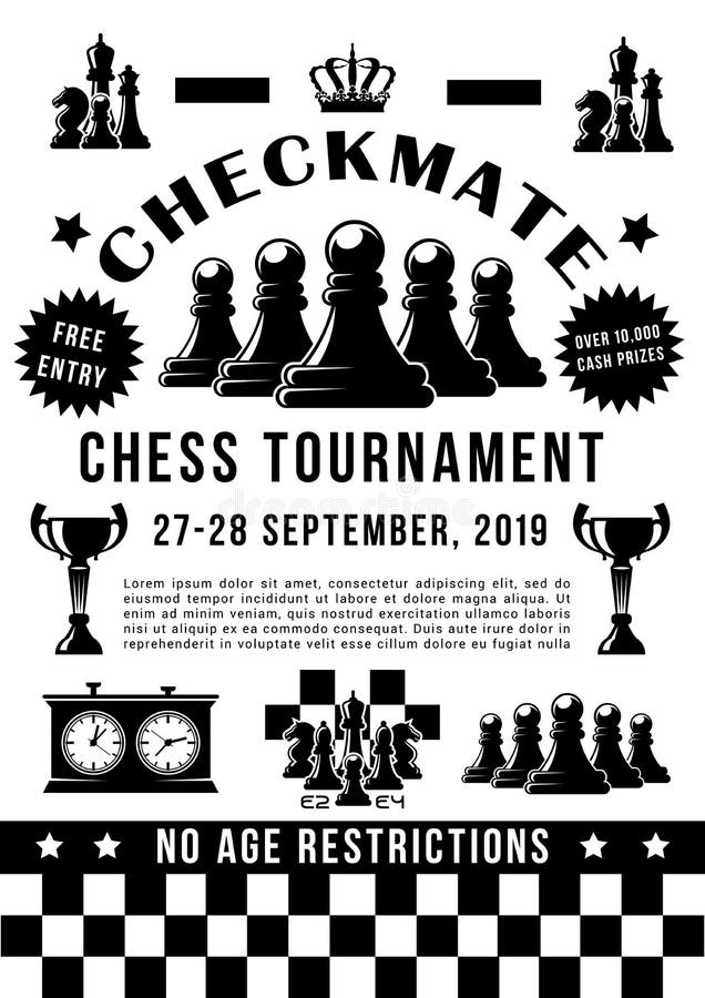 Chess sport tournament, game pieces and timer vector illustration