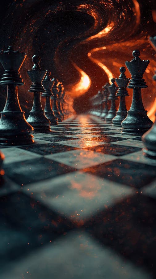 Chessboard with glowing vortex background stock photography