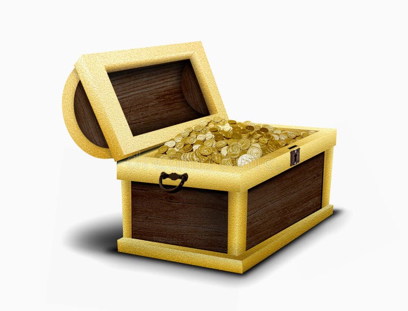 Two large chests. Open, closed chest, pile of gold coins inside vintag By  YummyBuum