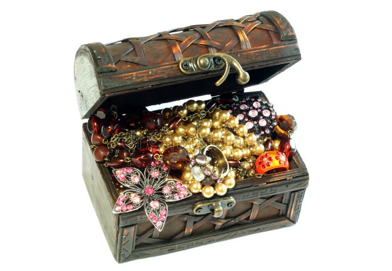 Chest full of jewelry, isolated on a white