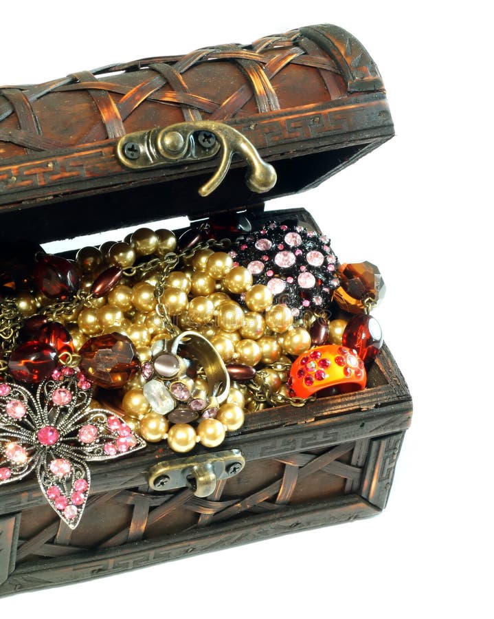 Chest full of jewelry, isolated on a white