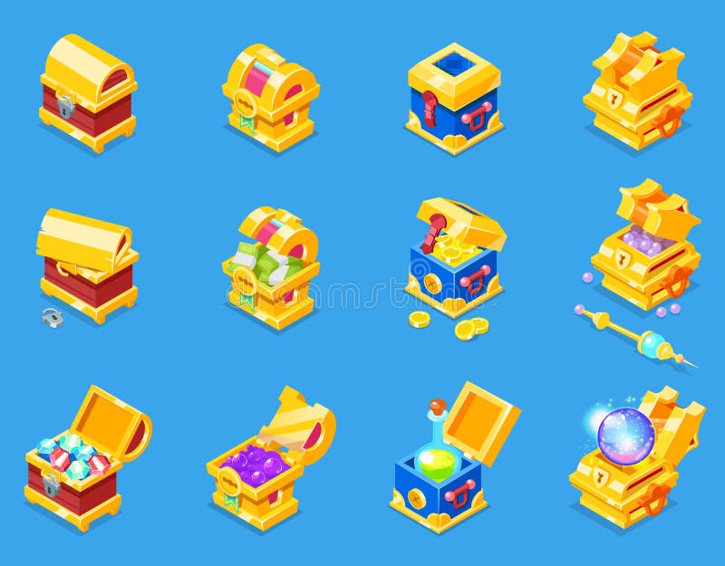 Chest icon isometric vector treasure box with gold money wealth or wooden pirate chests with golden coins and ancient