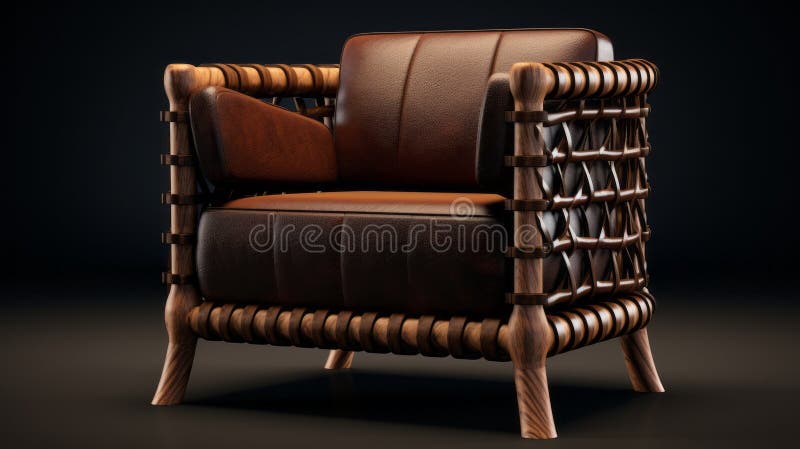 Exotic Atmosphere: Vray Tracing 3d Model Of Natural Leather And Wicker Chair stock illustration
