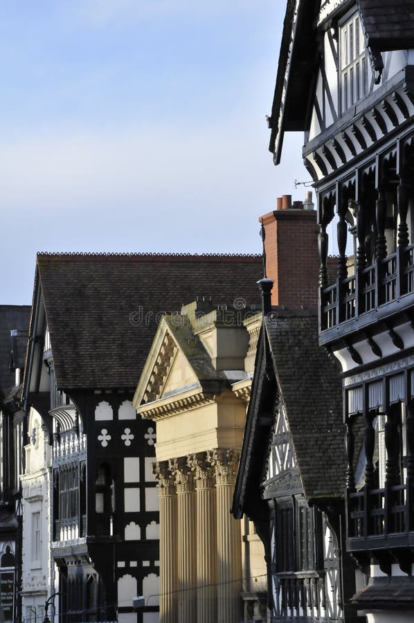 Chester rooftops. View down Foregate street in Chester royalty free stock photos Chester rooftops. View down Foregate street in Chester royalty free stock photos