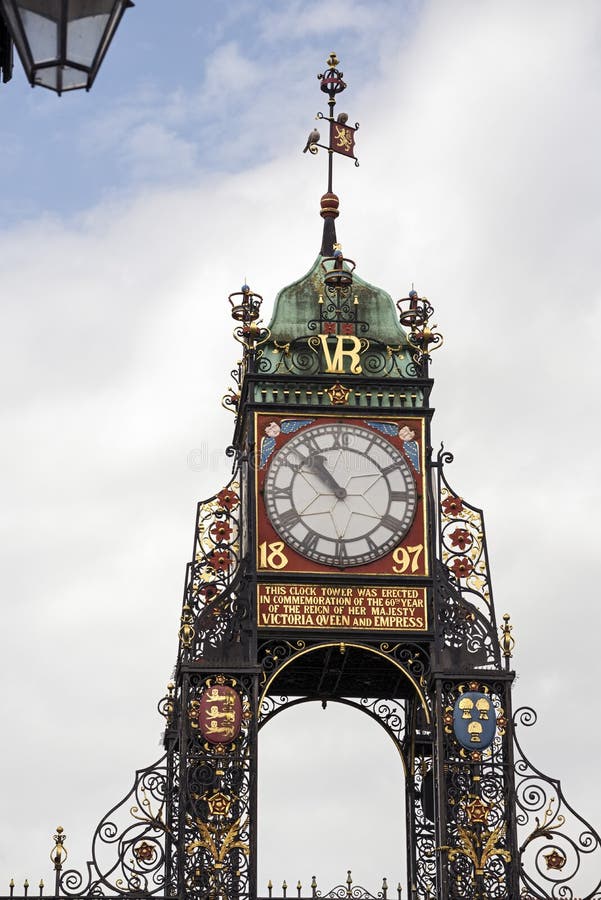 Chester Walls Clock. Victorian clock mounted on the city walls at Chester, UK. This public clock was erected in 1897 by public subscription. The coats of arms royalty free stock photo Chester Walls Clock. Victorian clock mounted on the city walls at Chester, UK. This public clock was erected in 1897 by public subscription. The coats of arms royalty free stock photo