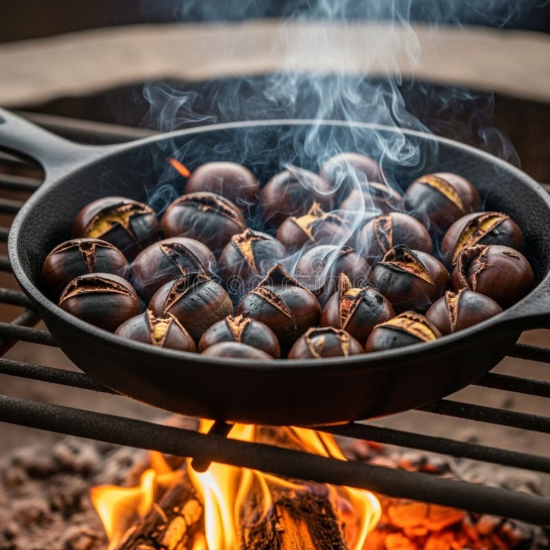 Chestnuts roasting in a black cast iron pan over an open flame vector illustration