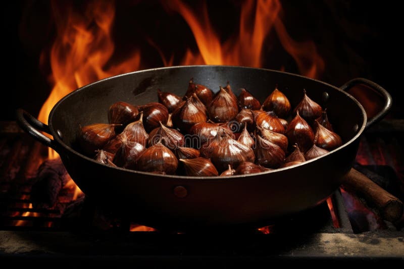 Chestnuts roasting in a metallic pan stock photos