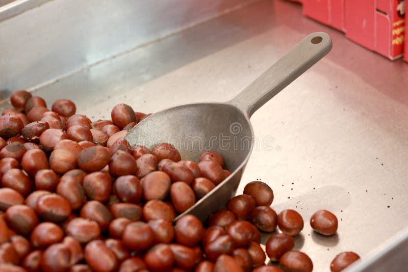 Chestnuts roasting on tray with scoop. royalty free stock photos