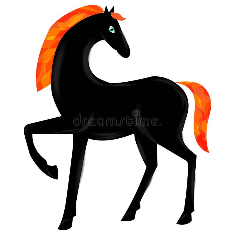 Cheval beau noir avec la crinière ardente et la queue ardente, cheval magique d'un conte de fées, illustration de vecteur illustration stock Cheval beau noir avec la crinière ardente et la queue ardente, cheval magique d'un conte de fées, illustration de vecteur illustration stock
