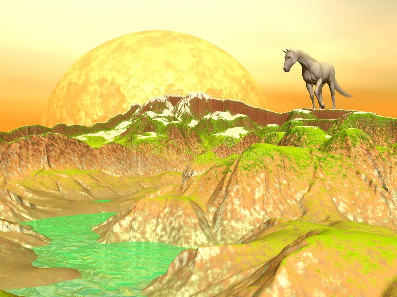 Cheval en montagnes jaunes - 3D rendent illustration stock Cheval en montagnes jaunes - 3D rendent illustration stock