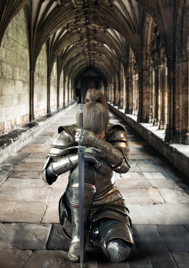 Chevalier guerrière agenouillant fièrement avec son armure en métal décoratif et tenant une épée