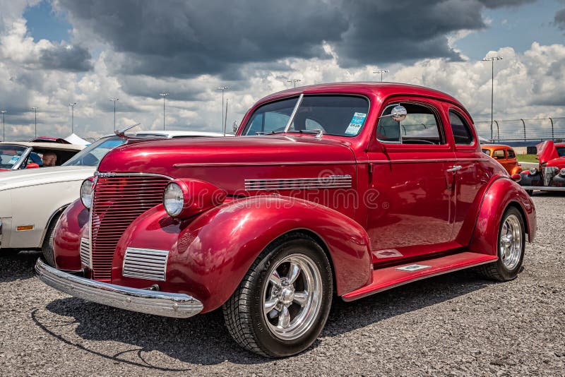 Lebanon, TN - May 14, 2022: Wide perspective front corner view of a 1939 Chevrolet Master 85 Coupe at a local car show