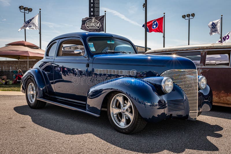 Lebanon, TN - May 14, 2022: Low perspective front corner view of a 1939 Chevrolet Master Deluxe coupe at a local car show