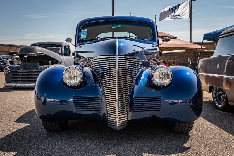 Lebanon, TN - May 14, 2022: Low perspective front view of a 1939 Chevrolet Master Deluxe coupe at a local car show