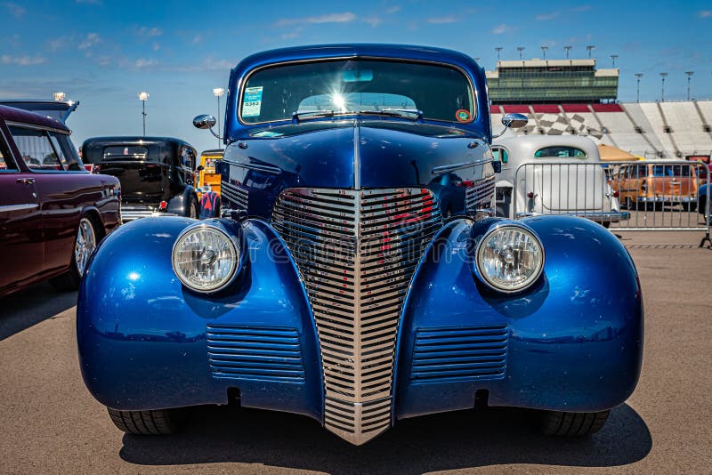 Lebanon, TN - May 13, 2022: Low perspective front view of a 1939 Chevrolet Master Deluxe Coupe at a local car show