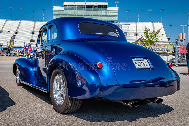 Lebanon, TN - May 14, 2022: Low perspective rear corner view of a 1939 Chevrolet Master Deluxe coupe at a local car show