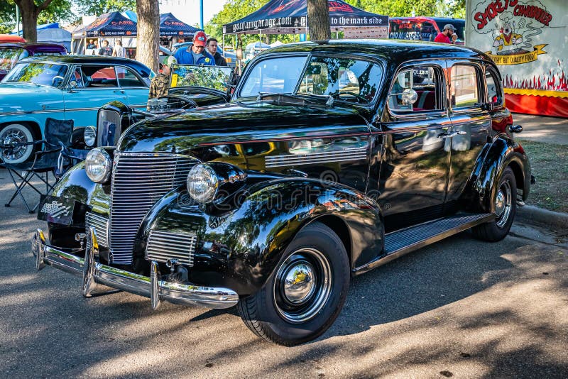 Falcon Heights, MN - June 18, 2022: High perspective front corner view of a 1939 Chevrolet Master Deluxe 4 Door Sedan at a local car show