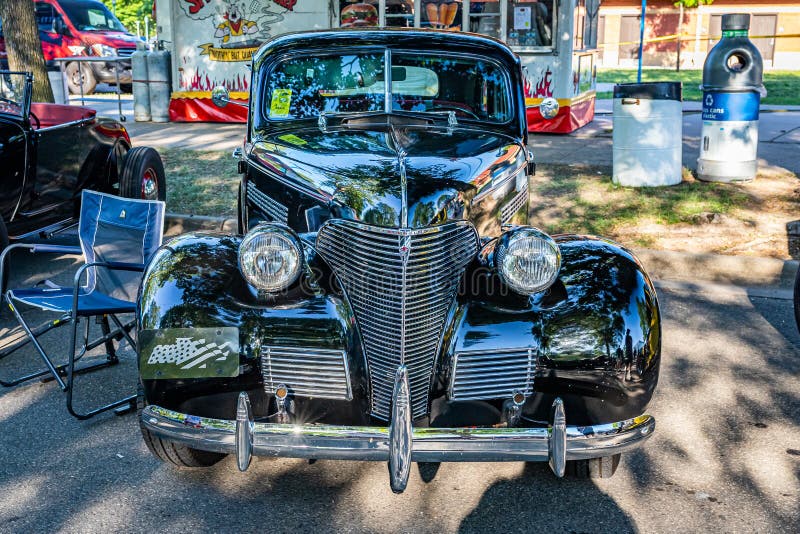 Falcon Heights, MN - June 18, 2022: High perspective front view of a 1939 Chevrolet Master Deluxe 4 Door Sedan at a local car show