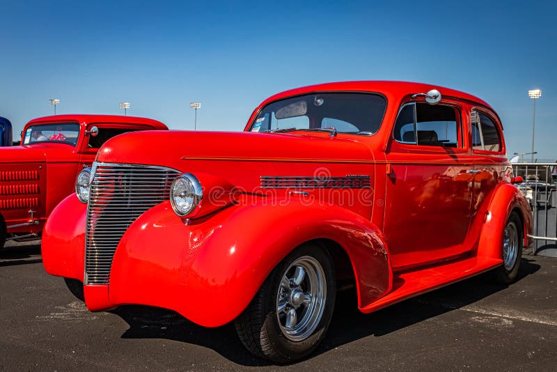 Lebanon, TN - May 13, 2022: Low perspective front corner view of a 1939 Chevrolet Master Deluxe Town Sedan at a local car show