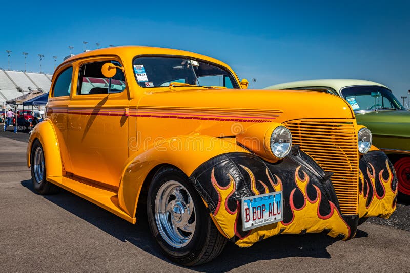 Lebanon, TN - May 13, 2022: Low perspective front corner view of a 1939 Chevrolet Master Deluxe Town Sedan at a local car show