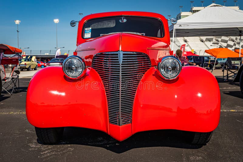 Lebanon, TN - May 13, 2022: Low perspective front view of a 1939 Chevrolet Master Deluxe Town Sedan at a local car show