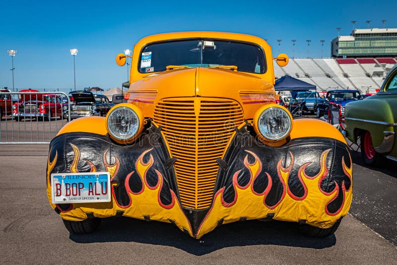 Lebanon, TN - May 13, 2022: Low perspective front view of a 1939 Chevrolet Master Deluxe Town Sedan at a local car show