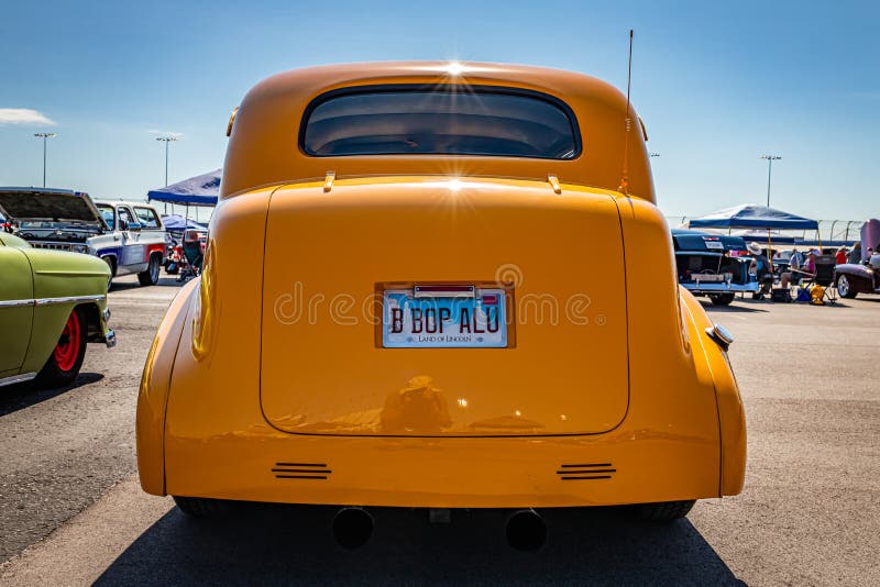 Lebanon, TN - May 13, 2022: Low perspective rear view of a 1939 Chevrolet Master Deluxe Town Sedan at a local car show