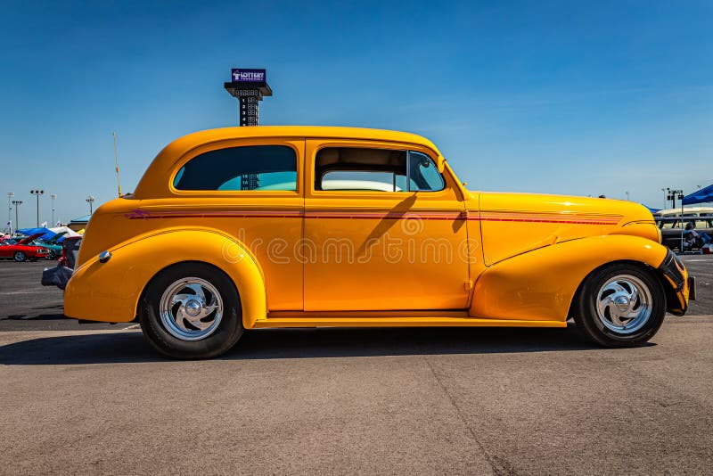 Lebanon, TN - May 13, 2022: Low perspective side view of a 1939 Chevrolet Master Deluxe Town Sedan at a local car show