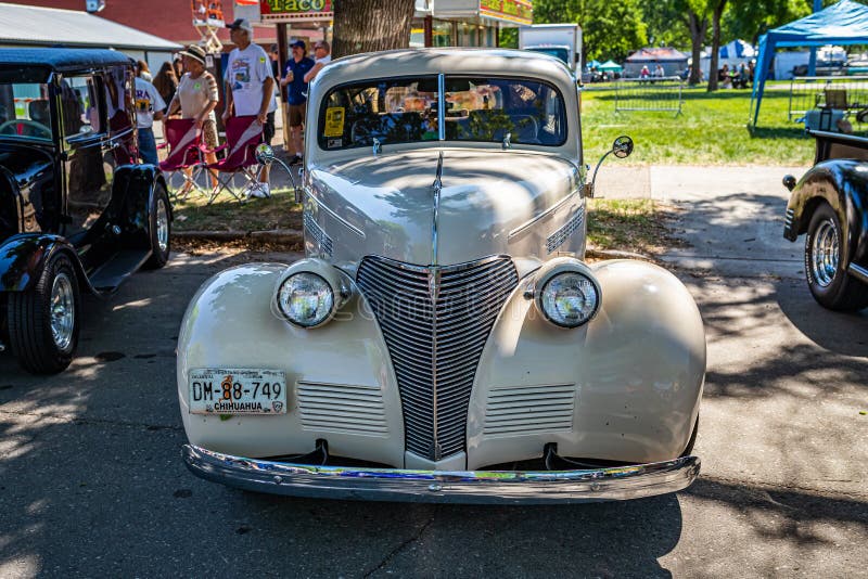 Falcon Heights, MN - June 18, 2022: High perspective front view of a 1939 Chevrolet Master 85 2 Door Sedan at a local car show