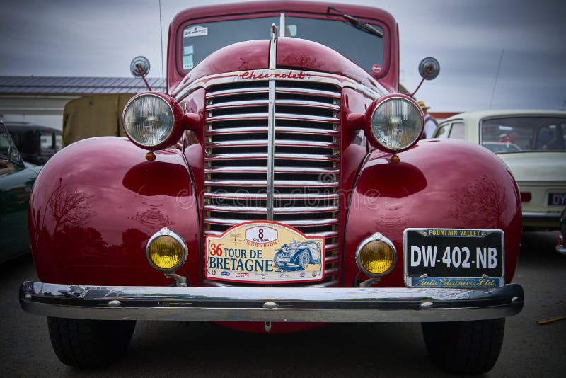 Chevrolet pickup at a vintage cars rally -36th Tour de Bretagne - of the ABVA in Ploneour-Lanvern, Brittany, France. 05/15/2016. Chevrolet pickup at a vintage cars rally -36th Tour de Bretagne - of the ABVA in Ploneour-Lanvern, Brittany, France. 05/15/2016