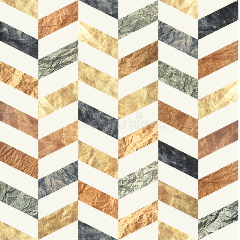 Chevron seamless pattern made of brown, beige, grey and blue old distressed paper textures. Repetitive tileable background for royalty free illustration