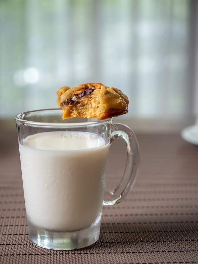Chewy Chocolate Chip Soft Cookie on Cup of Milk Stock Photo Image of