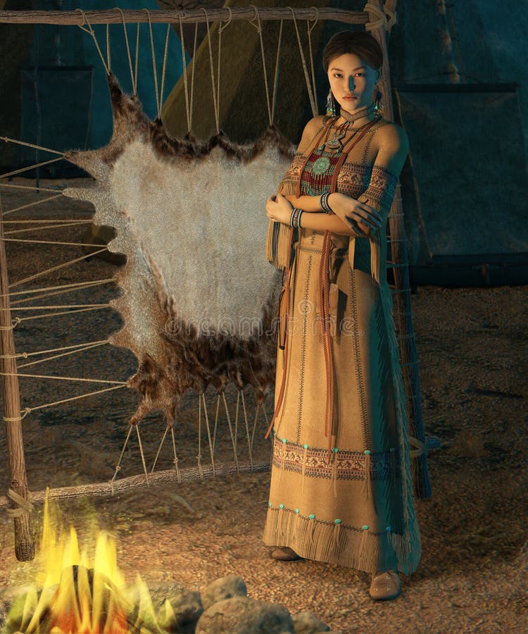 An american indian woman stands in front of a campfire. An american indian woman stands in front of a campfire