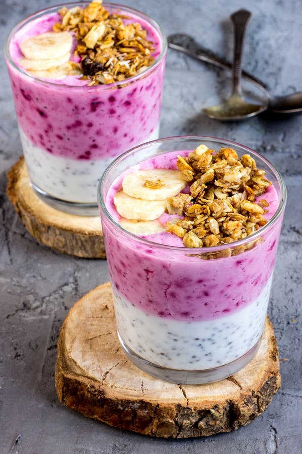 Chia pudding with berry smoothie royalty free stock photos Chia pudding with berry smoothie royalty free stock photos